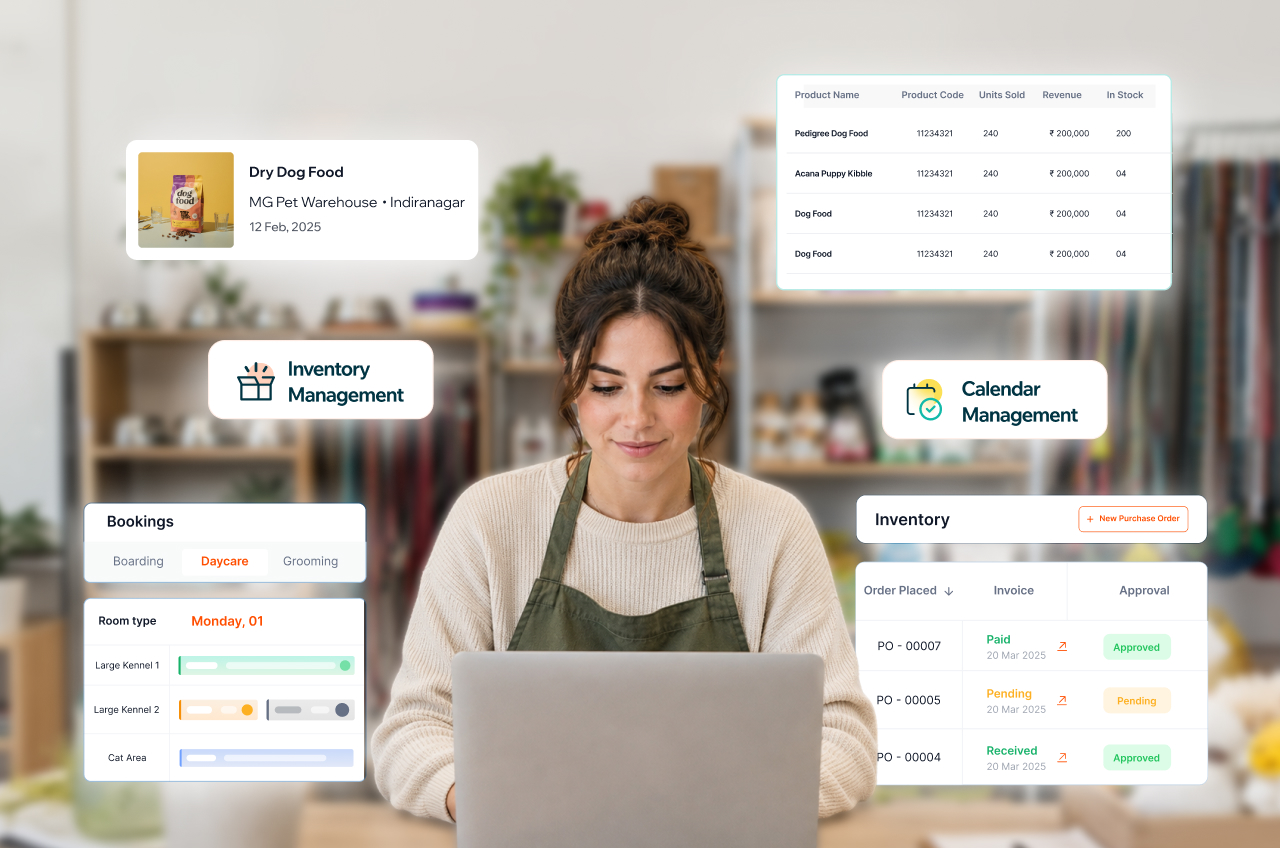 Pet business owner using Happy Pet Tech software to manage inventory and bookings